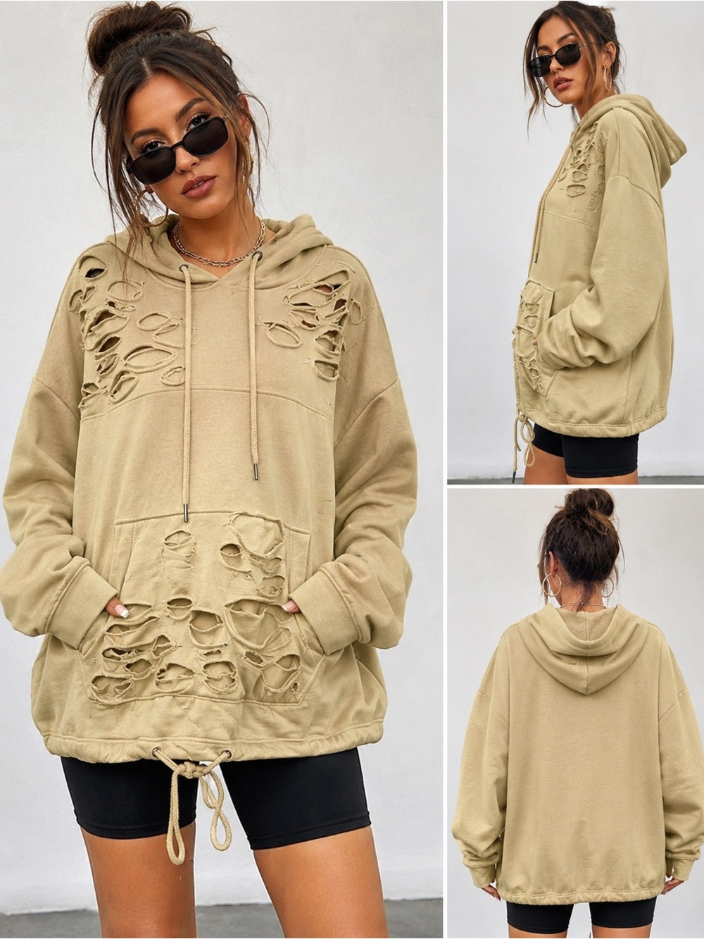Rebel Minds Distressed Destroyed Hoodie Sweatshirt Mustard Tan XL
